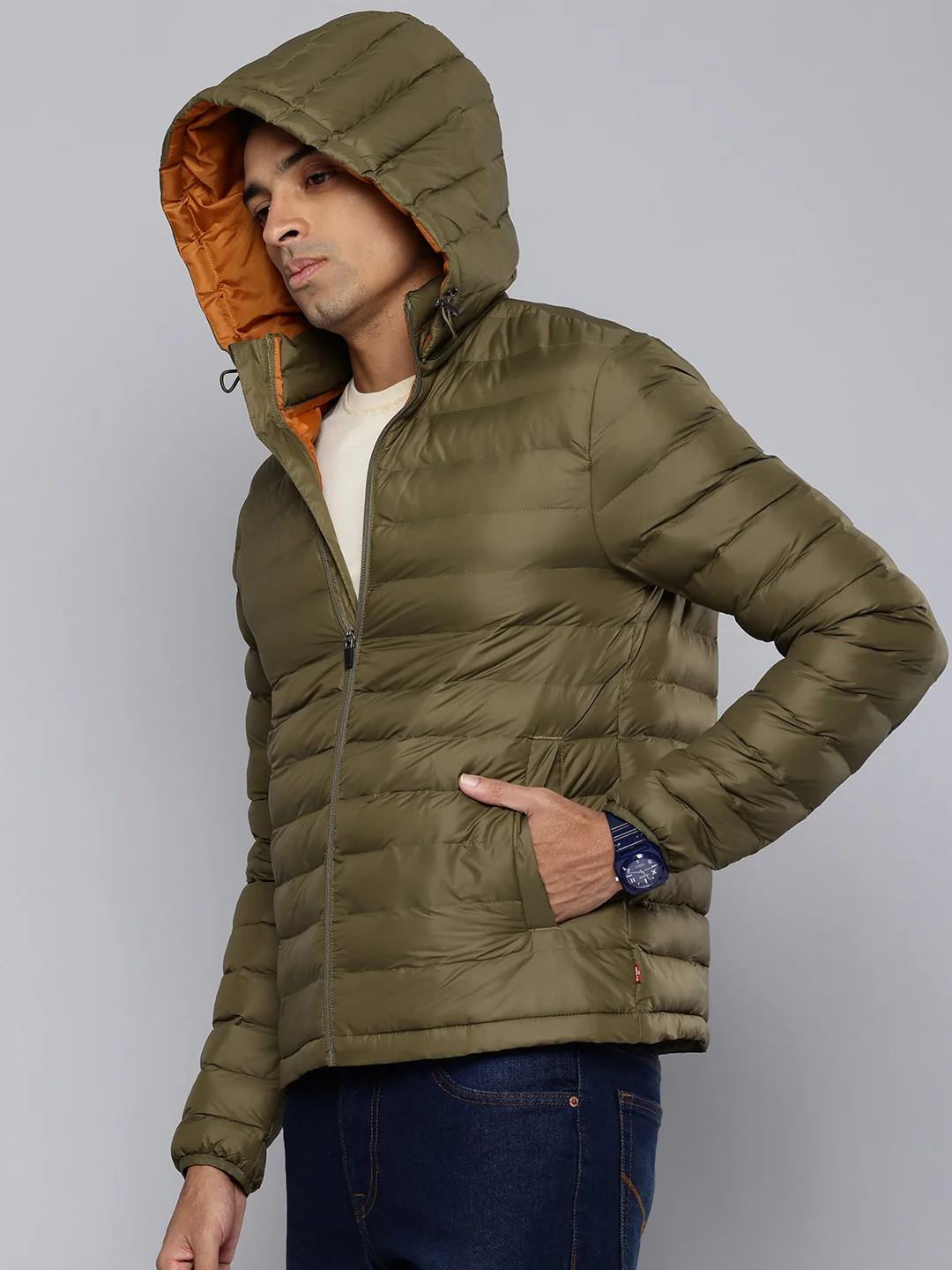 Men's Quilted Brown Hooded Puffer Jacket - Image 4
