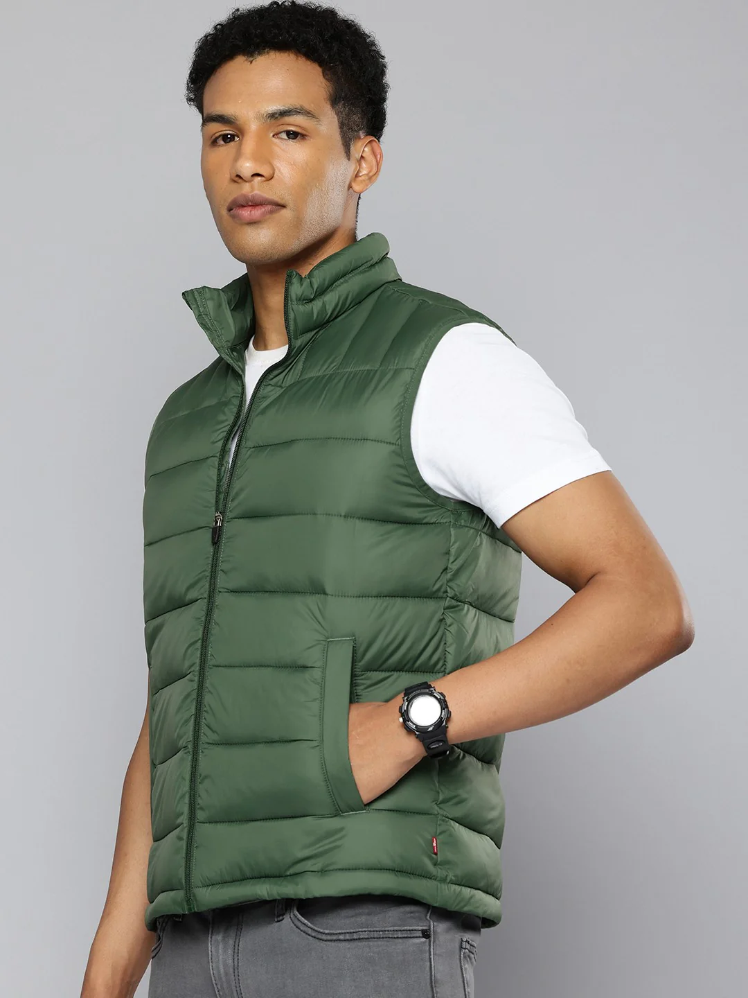 Men's Quilted Green High Neck Puffer Jacket - Image 3