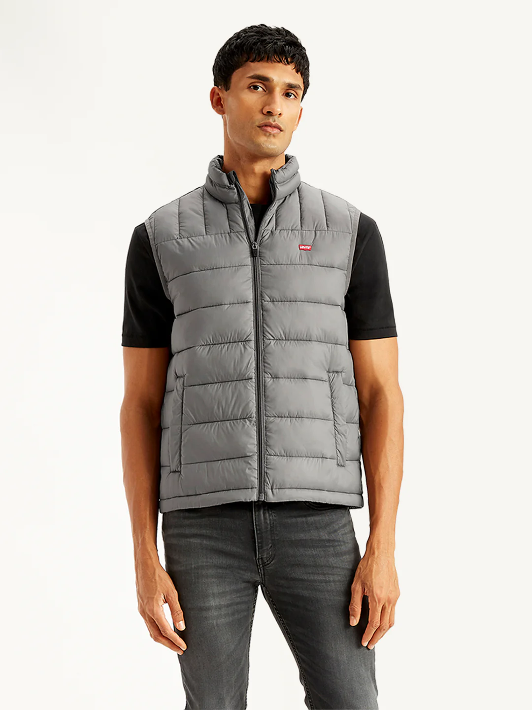 Men's Quilted Grey High Neck Puffer Jacket - Image 2
