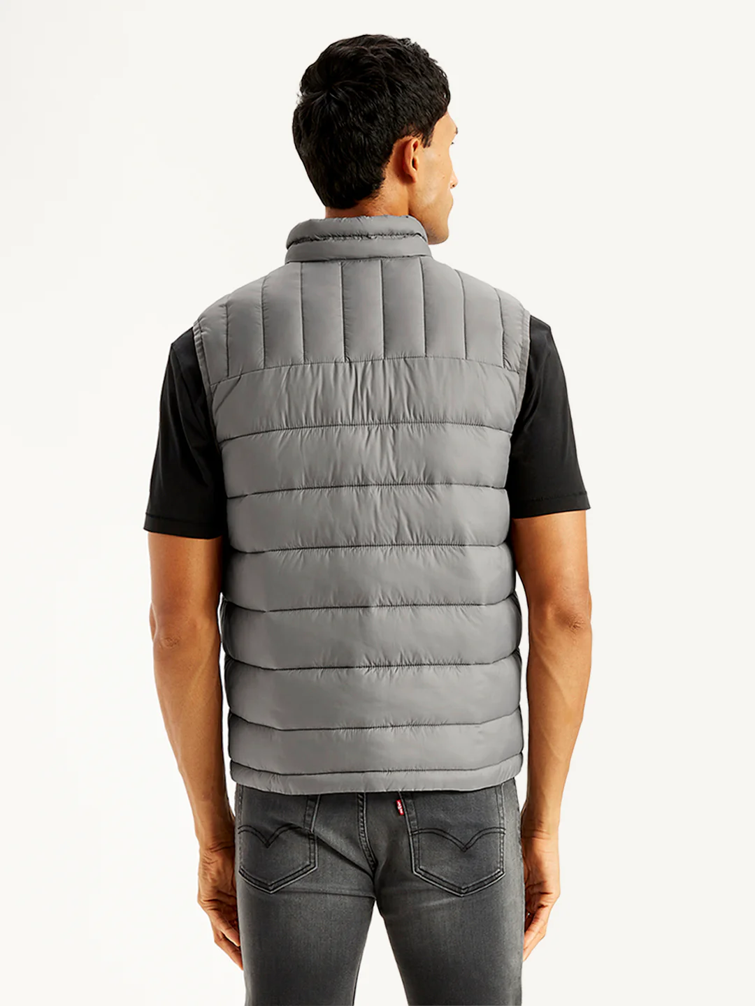 Men's Quilted Grey High Neck Puffer Jacket - Image 3