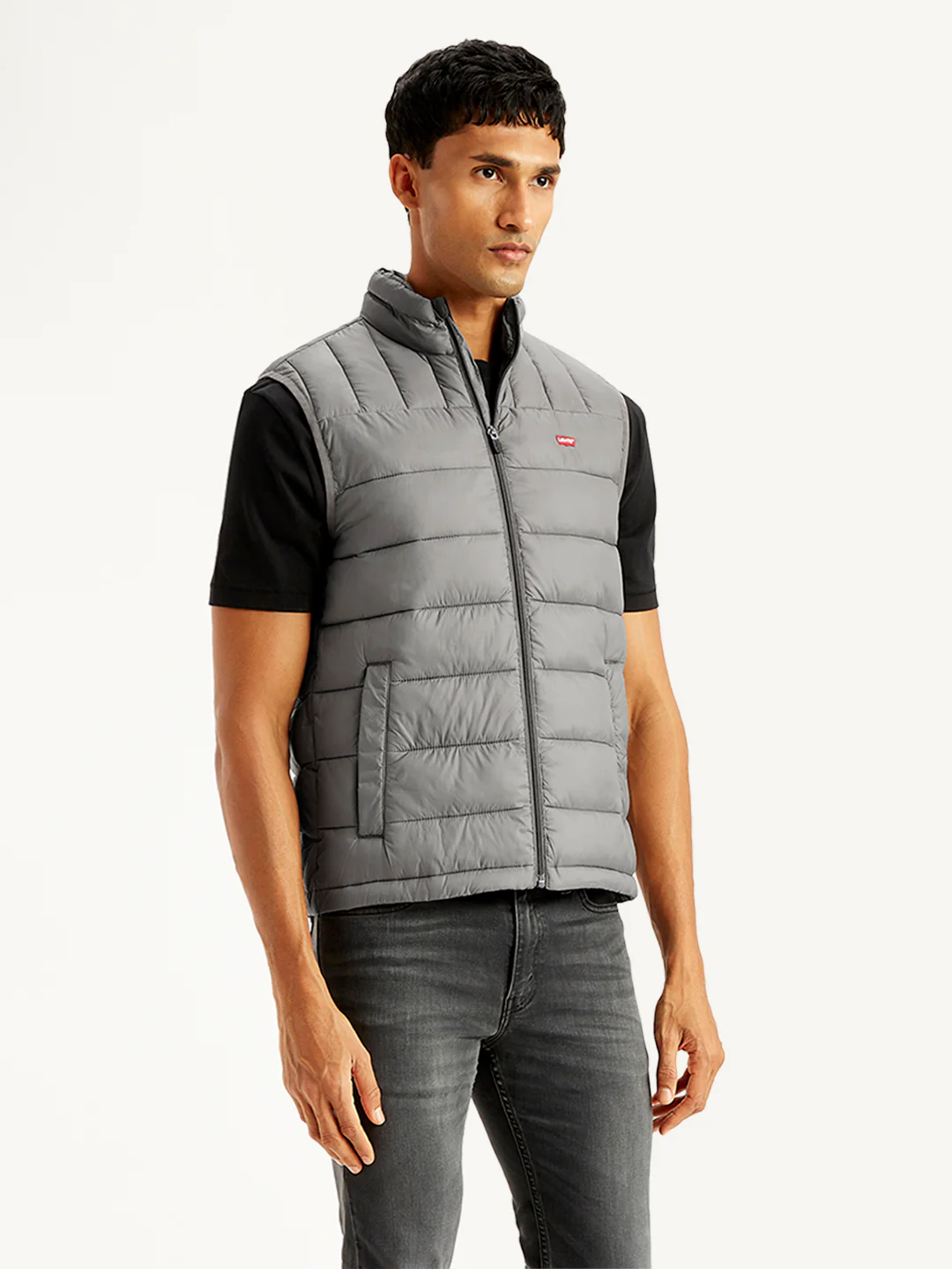 Men's Quilted Grey High Neck Puffer Jacket - Image 4