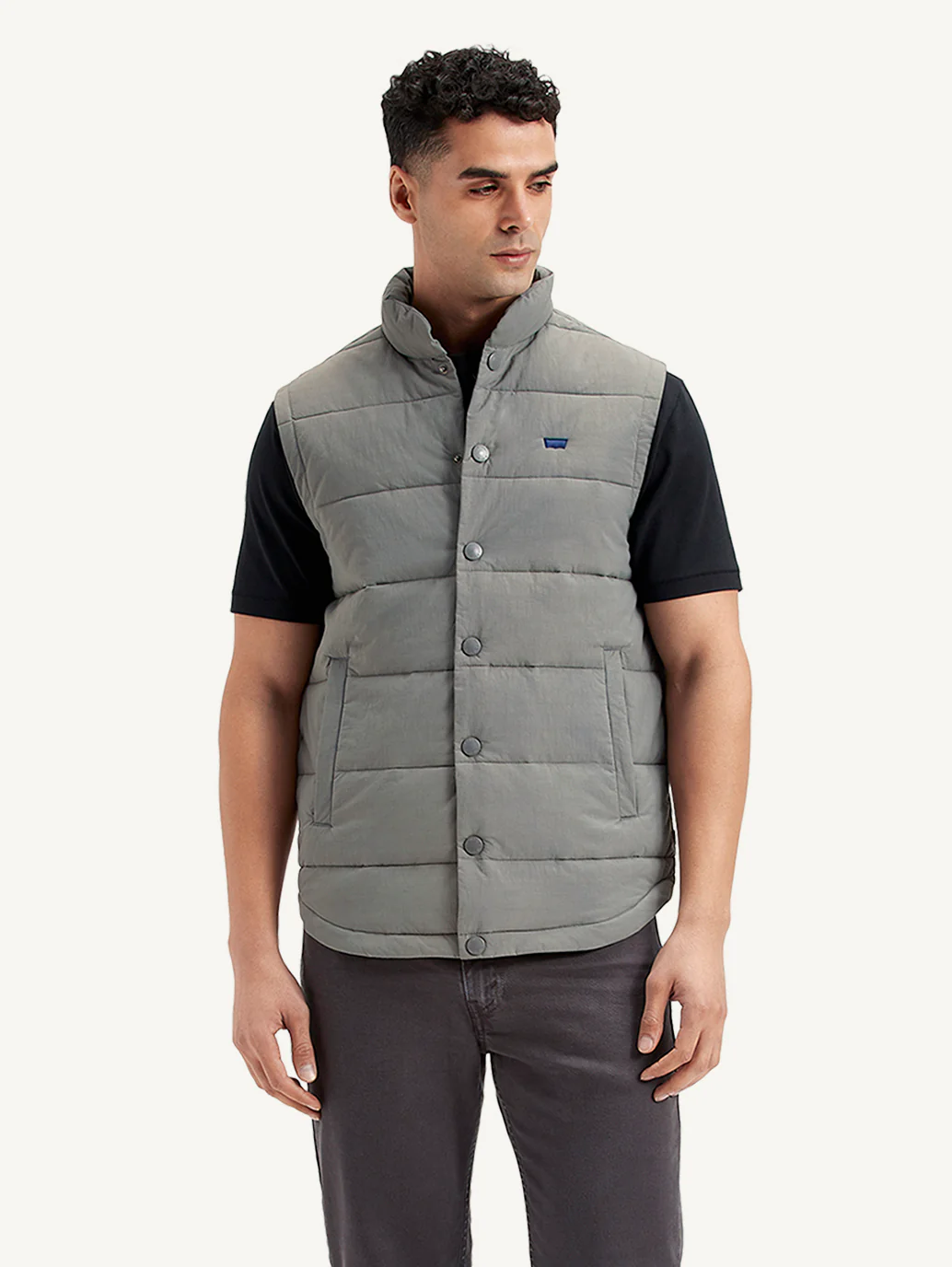 Men's Quilted Grey High Neck Puffer Jacket - Image 2