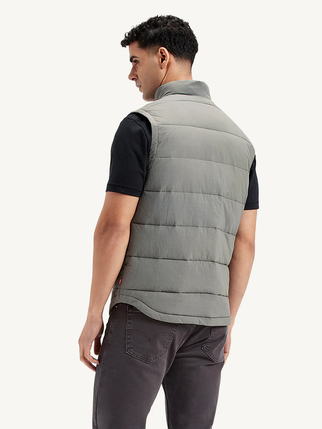 Men's Quilted Grey High Neck Puffer Jacket - Image 3