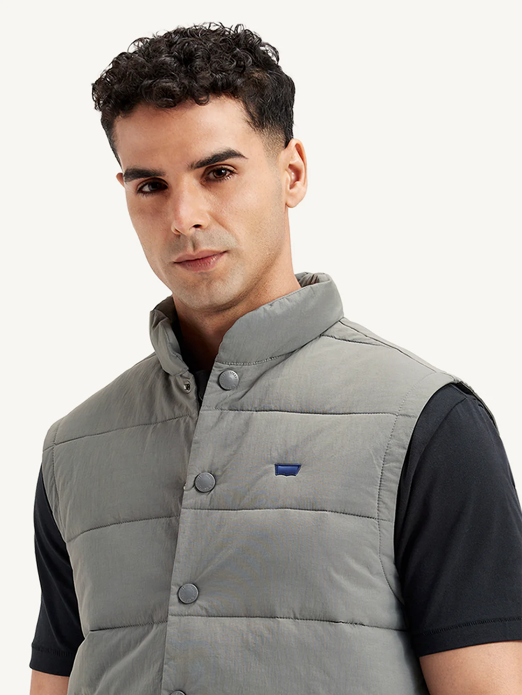 Men's Quilted Grey High Neck Puffer Jacket - Image 4