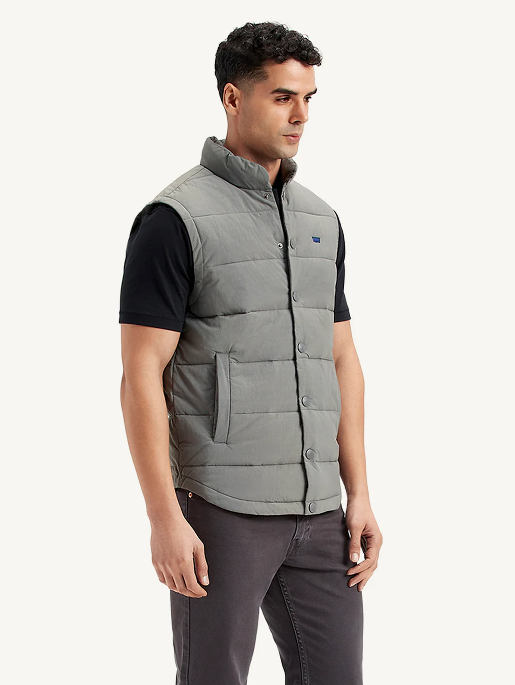 Men's Quilted Grey High Neck Puffer Jacket - Image 5