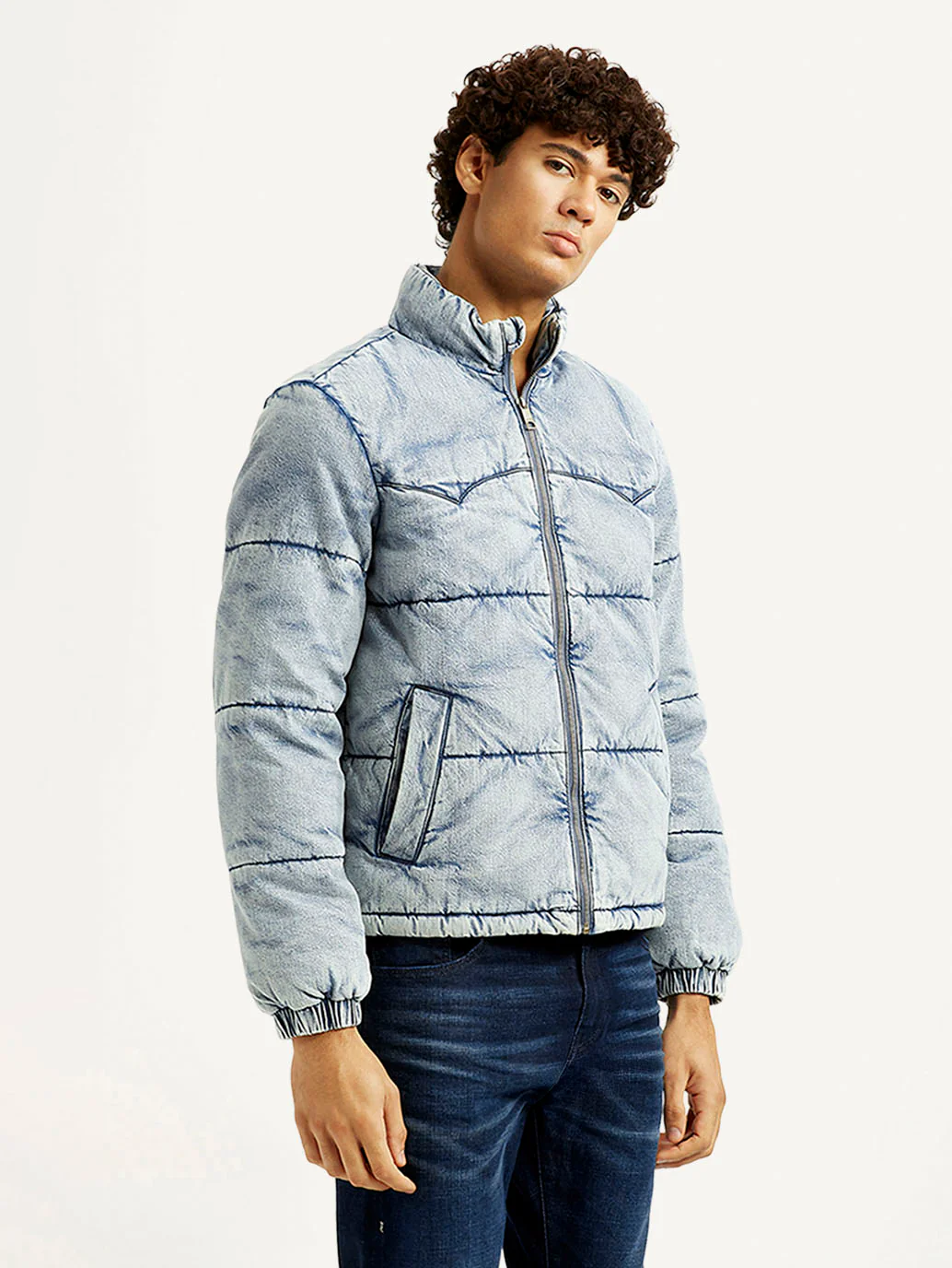 Men's Quilted Light Blue Puffer Jacket - Image 5
