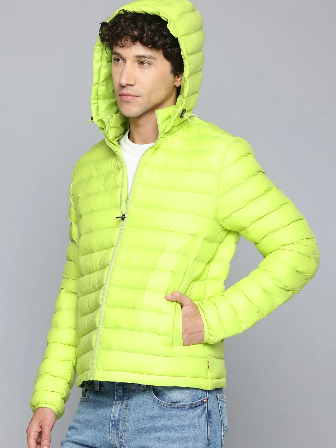 Men's Quilted Lime-Green Hooded Puffer Jacket - Image 3