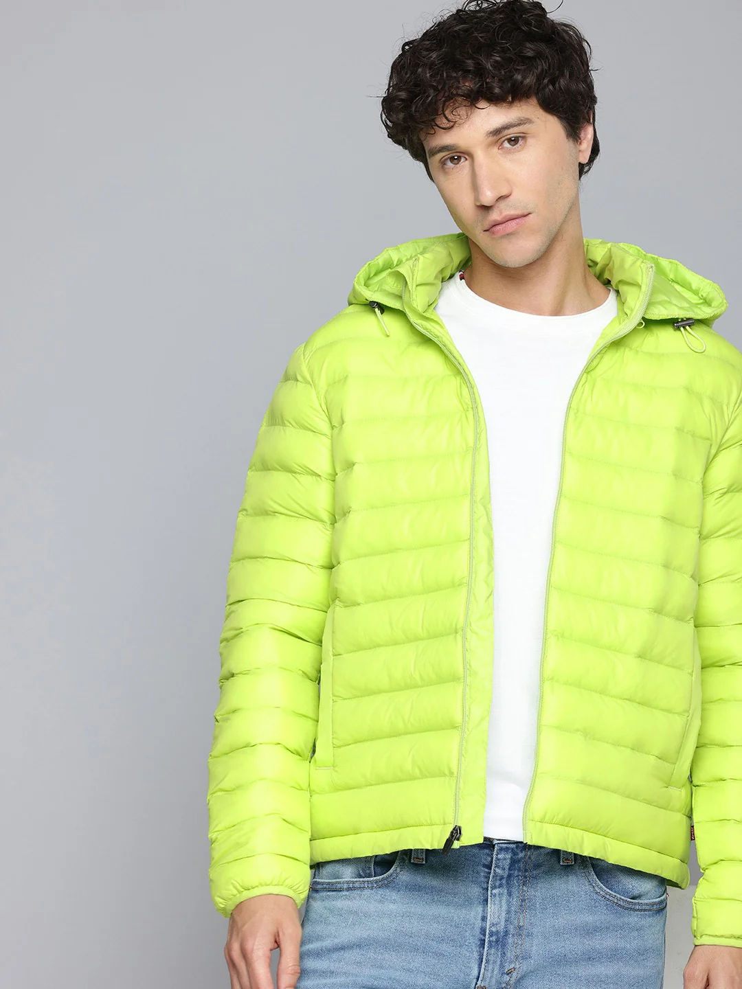 Men's Quilted Lime-Green Hooded Puffer Jacket - Image 5