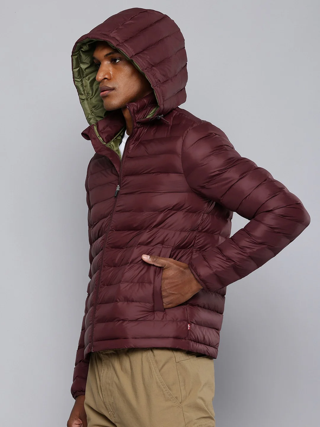 Men's Quilted Maroon Hooded Puffer Jacket - Image 5