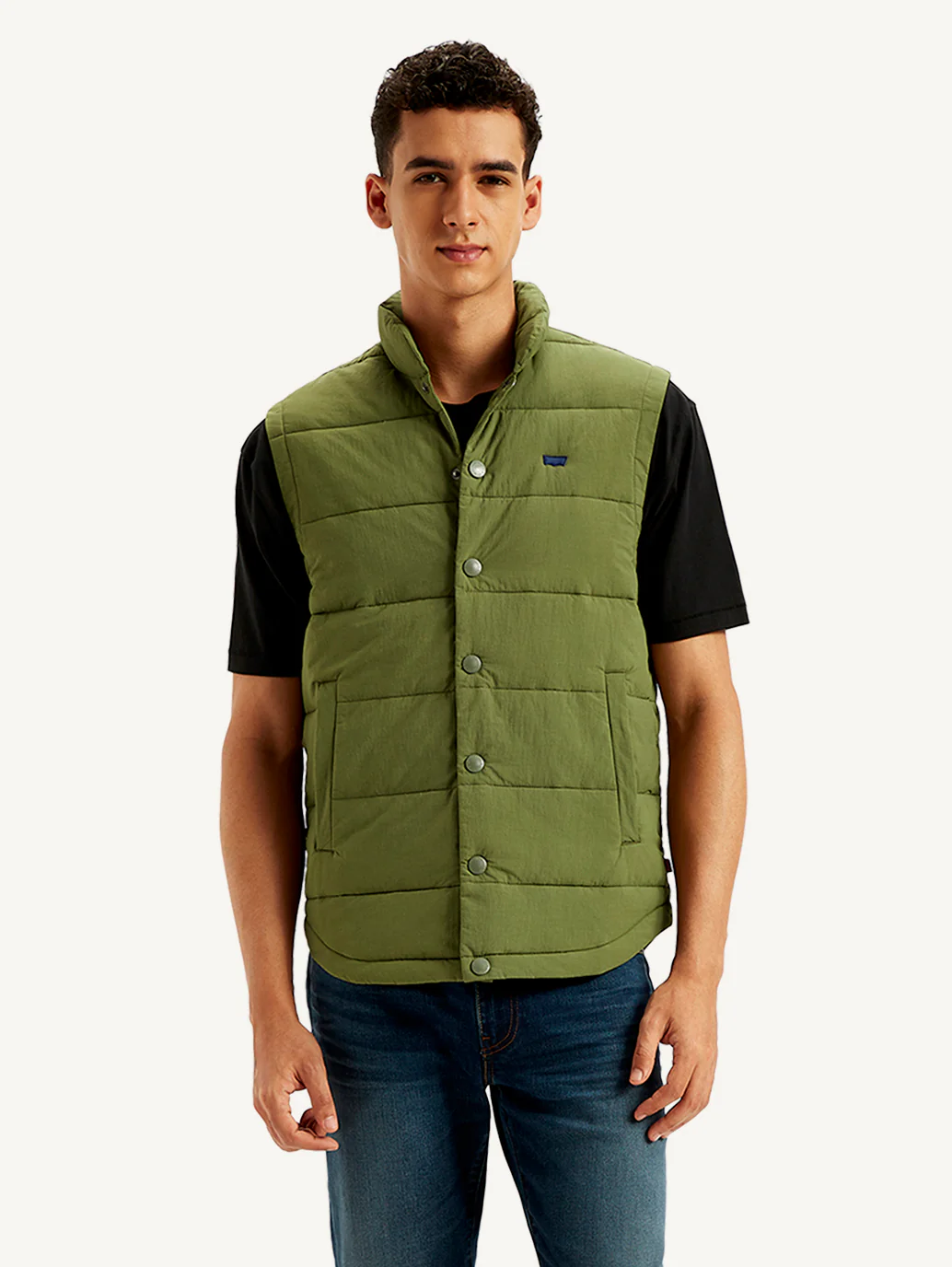 Men's Quilted Olive High Neck Puffer Jacket - Image 2