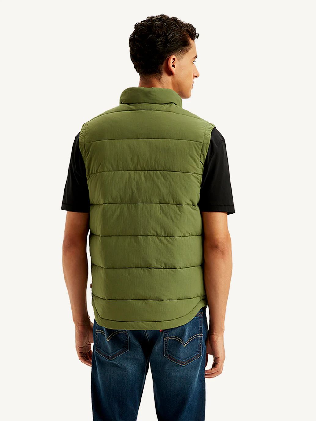 Men's Quilted Olive High Neck Puffer Jacket - Image 3