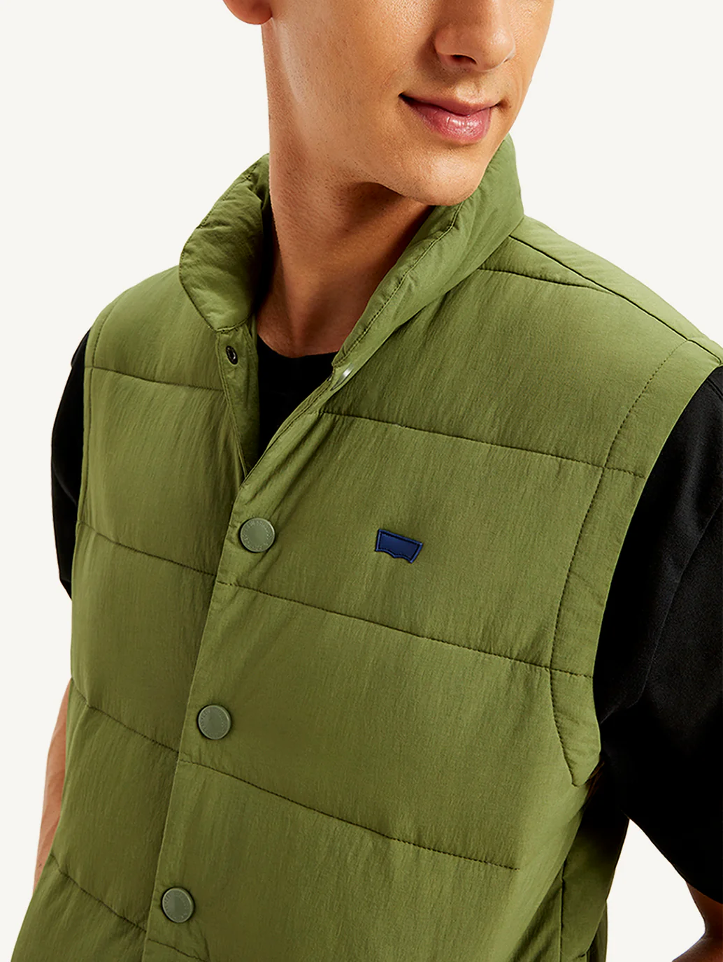 Men's Quilted Olive High Neck Puffer Jacket - Image 4