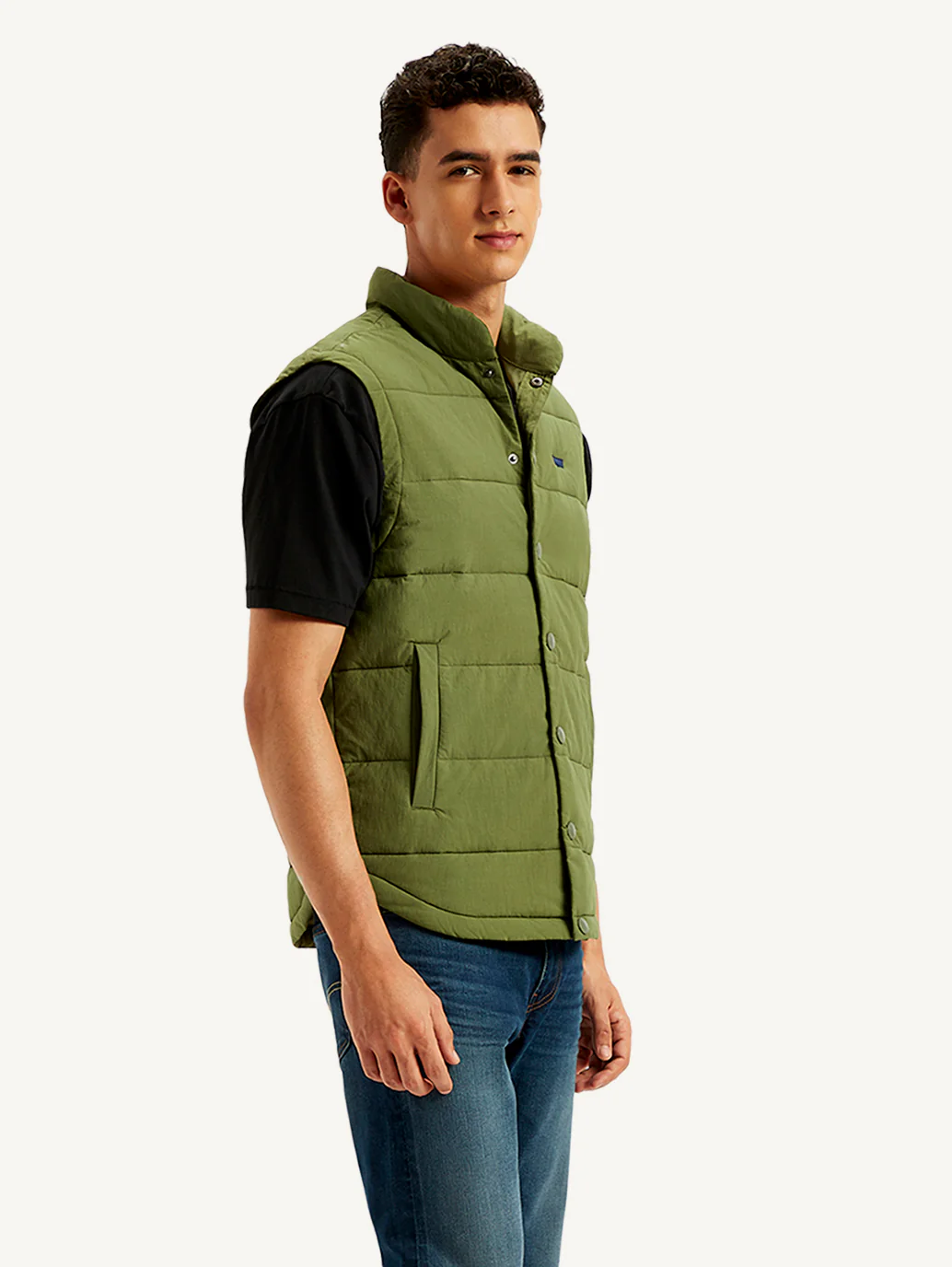 Men's Quilted Olive High Neck Puffer Jacket - Image 5