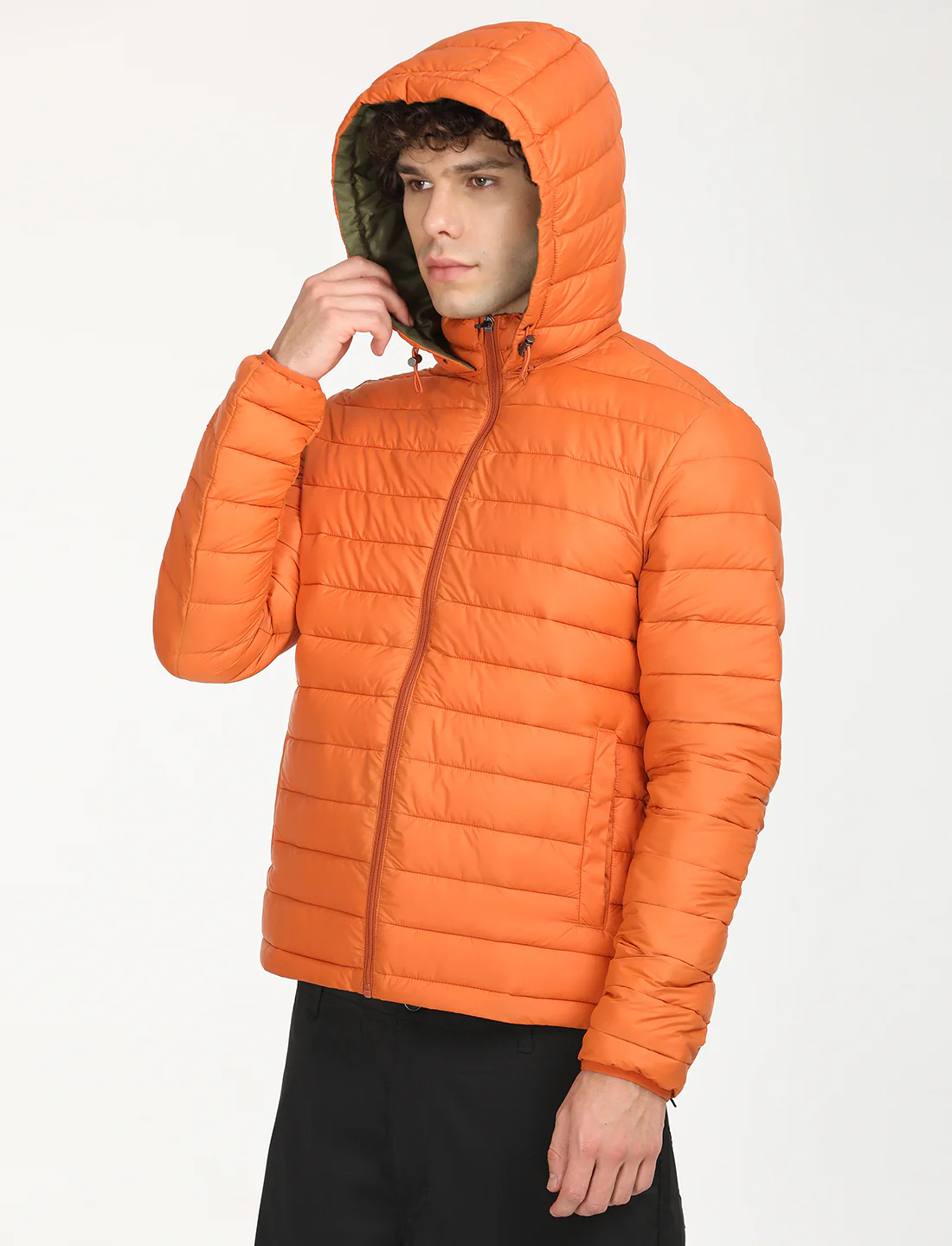 Men's Quilted Orange Hooded Puffer Jacket - Image 4