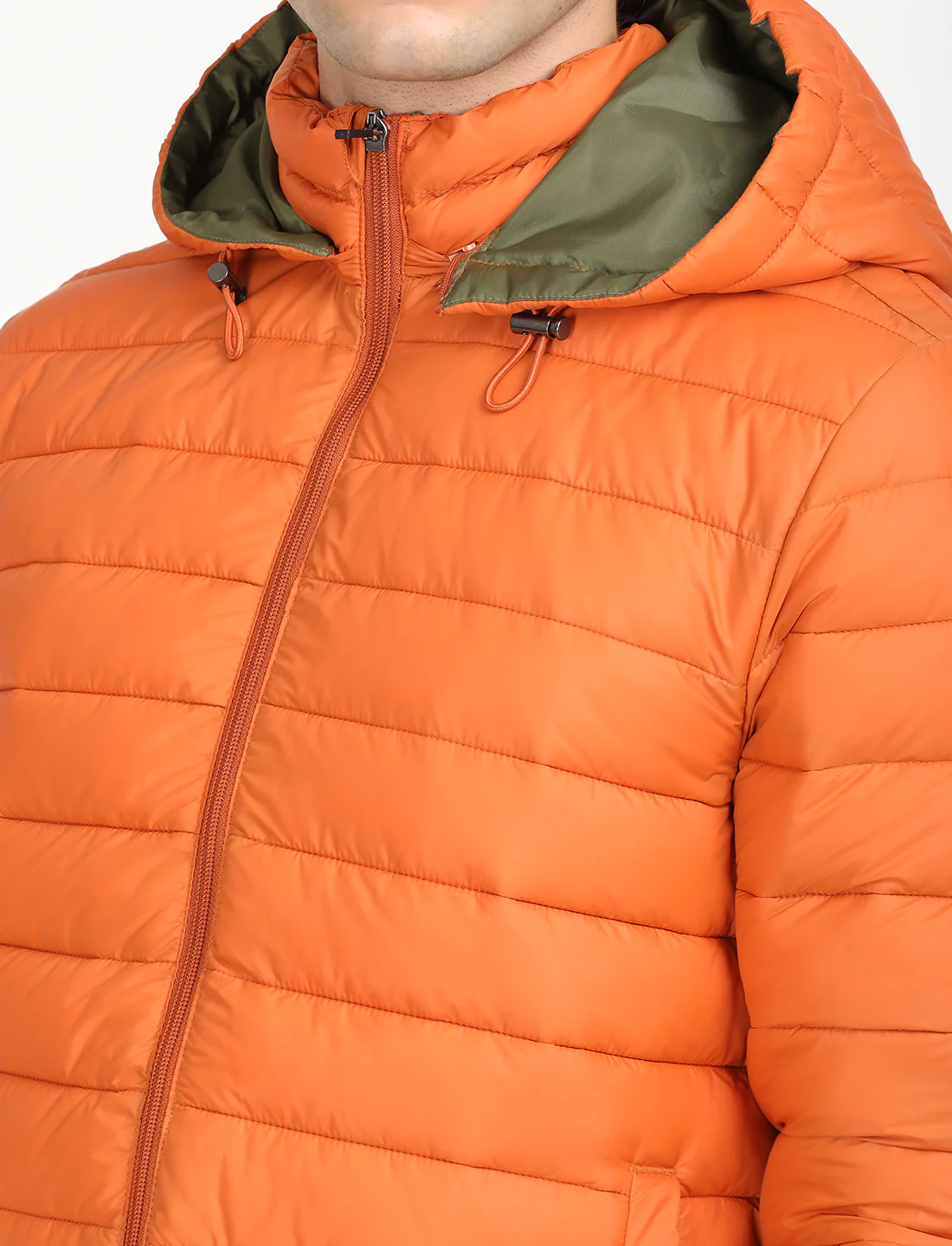 Men's Quilted Orange Hooded Puffer Jacket - Image 6