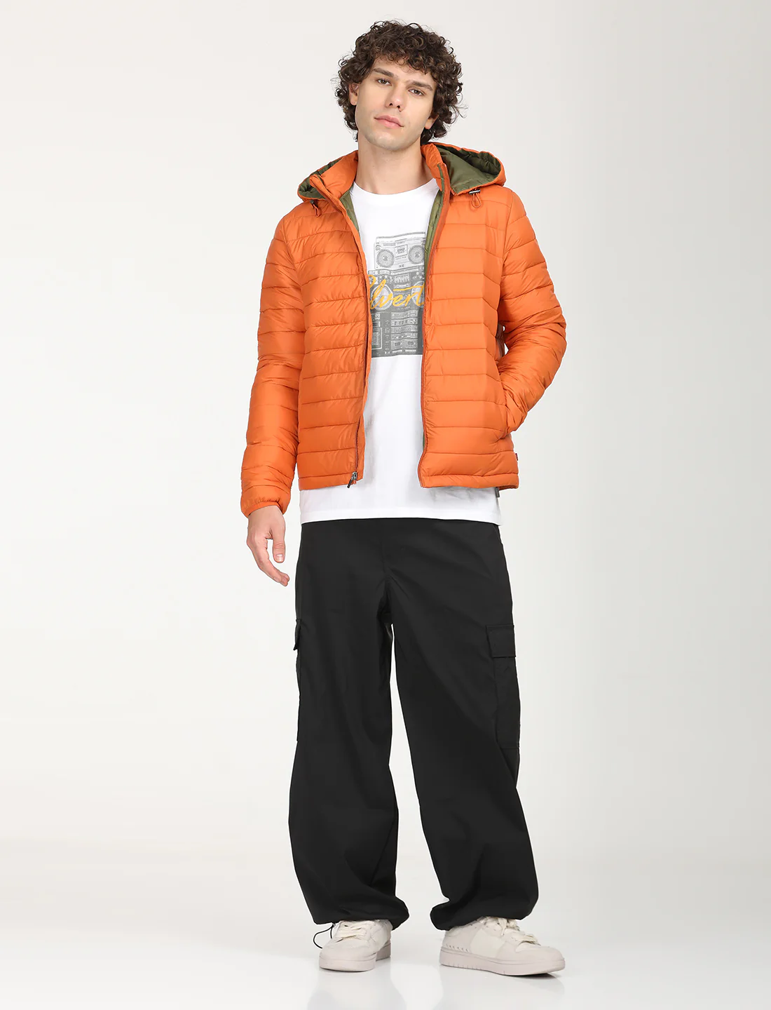 Men's Quilted Orange Hooded Puffer Jacket - Image 7