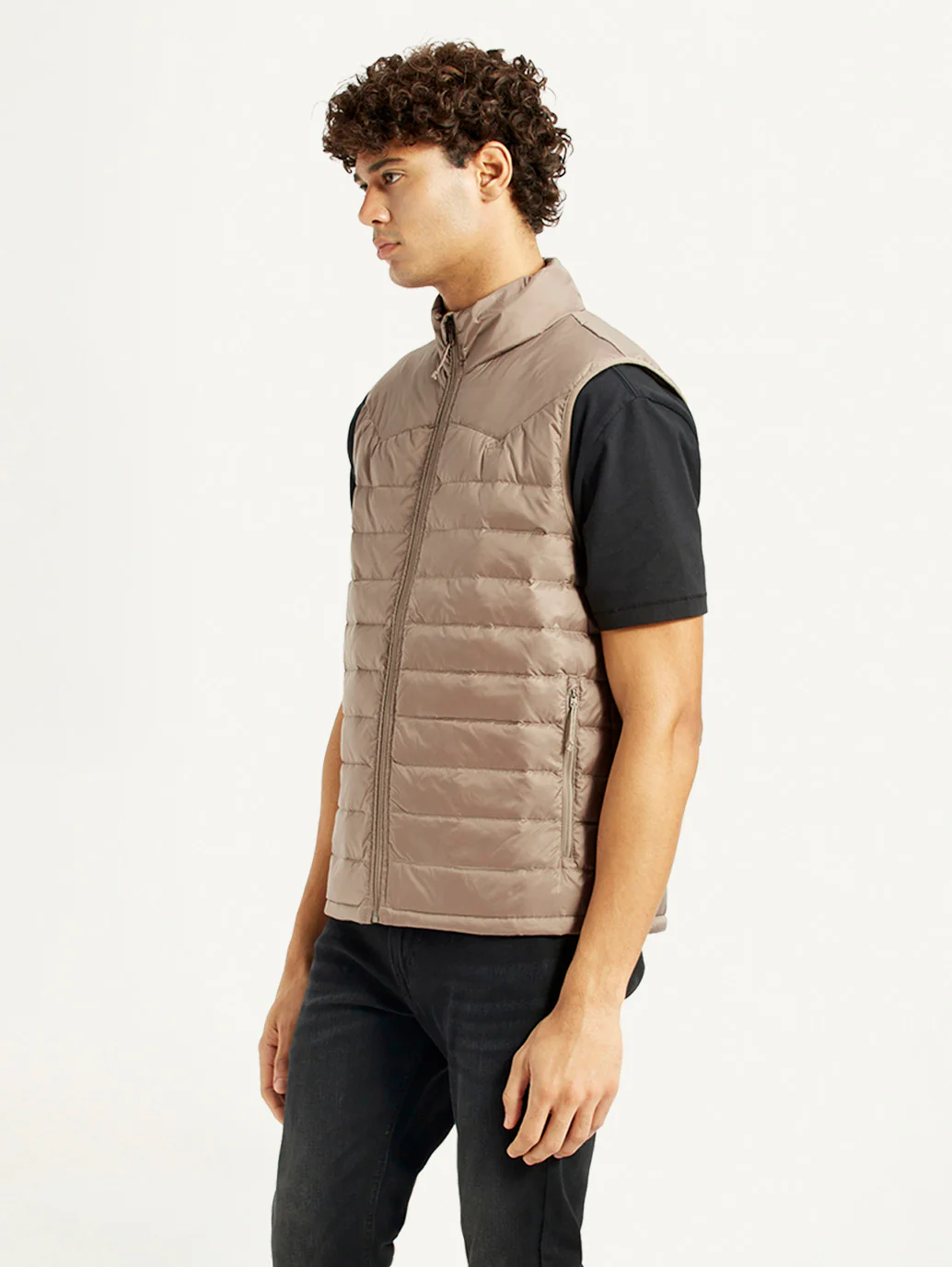 Men's Quilted Taupe Slim Fit Puffer Jacket - Image 4