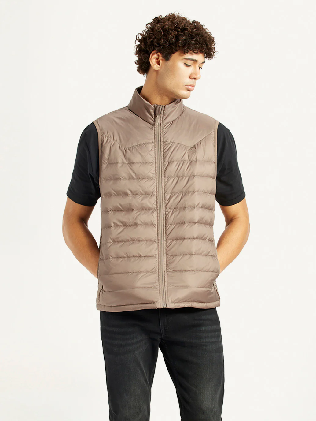 Men's Quilted Taupe Slim Fit Puffer Jacket - Image 5