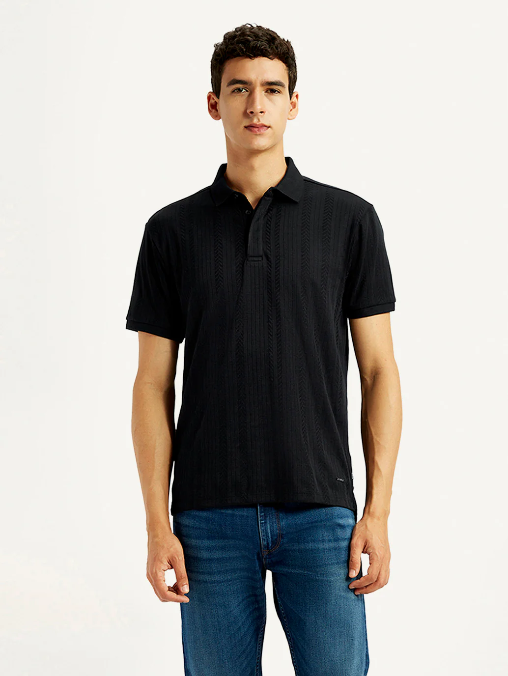 Men's Redloop Self Design Black Slim Fit Polo T-shirt - Image 2