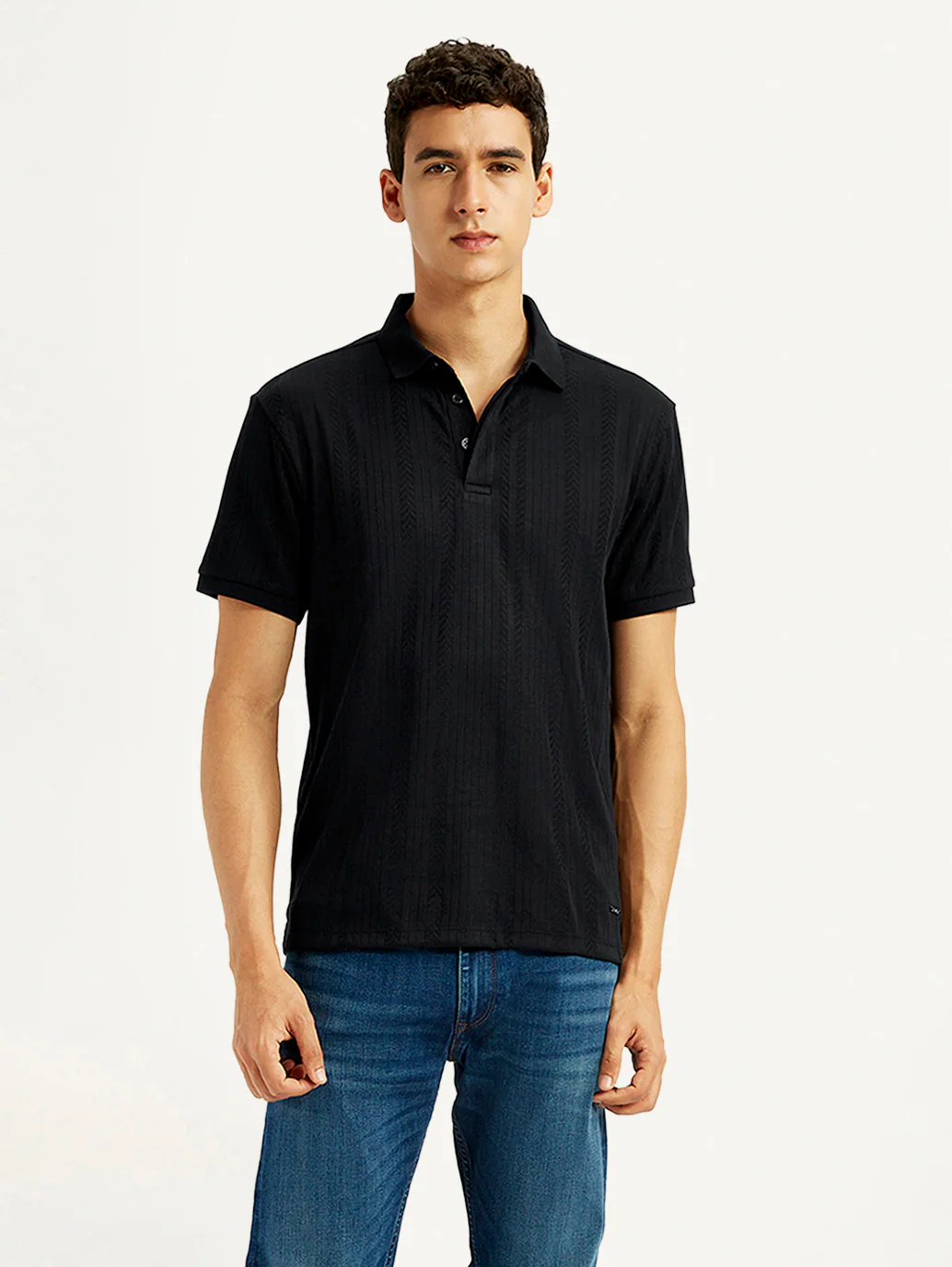 Men's Redloop Self Design Black Slim Fit Polo T-shirt - Image 6