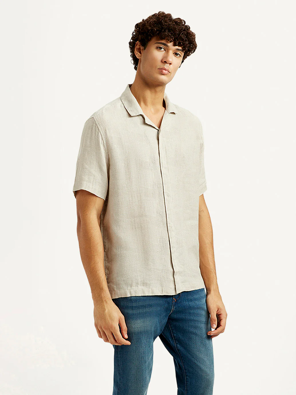 Men's Redloop Solid Beige Relaxed Fit Camp Shirt - Image 5