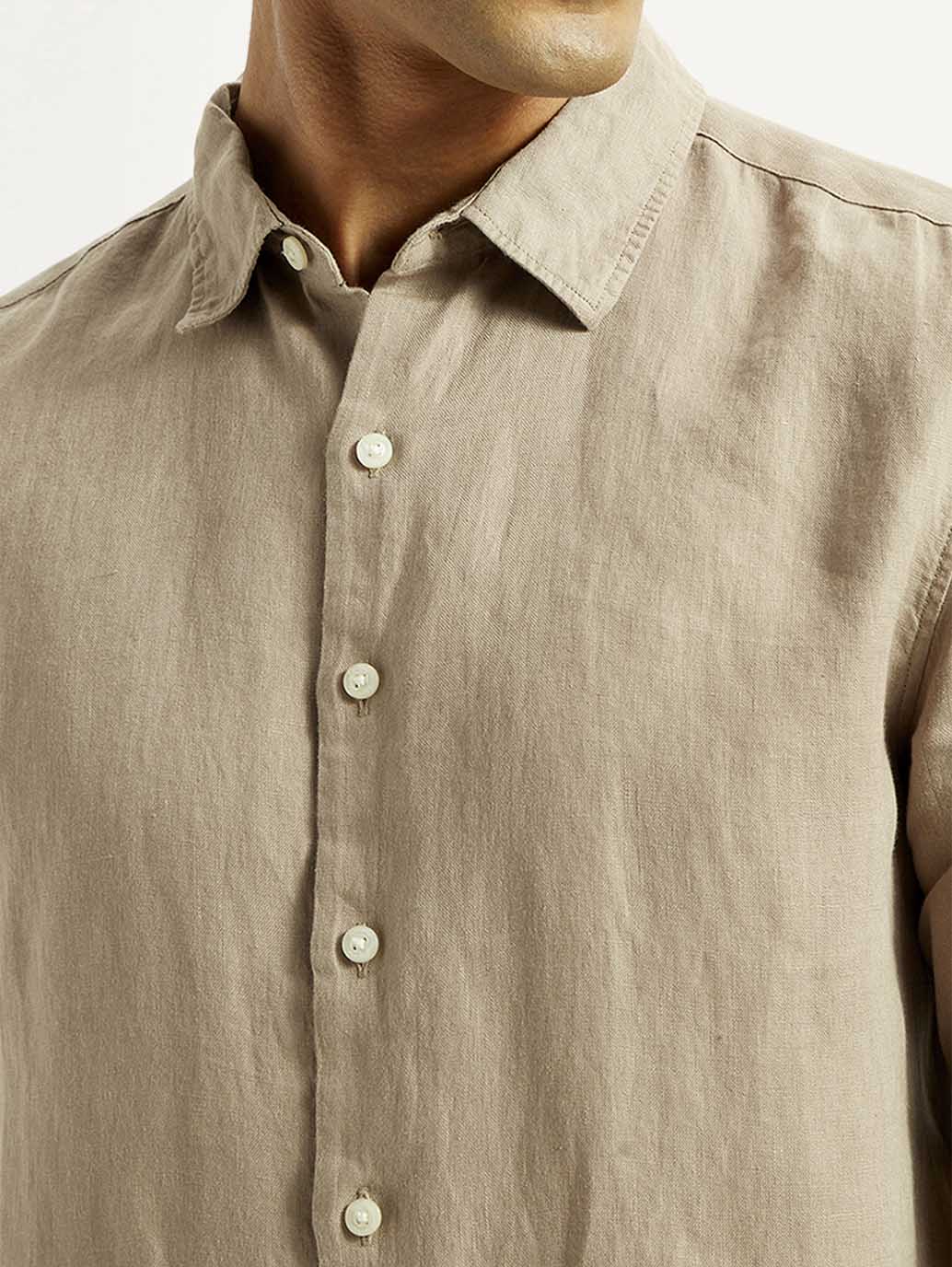 Men's Redloop Solid Beige Slim Fit Linen Shirt - Image 4