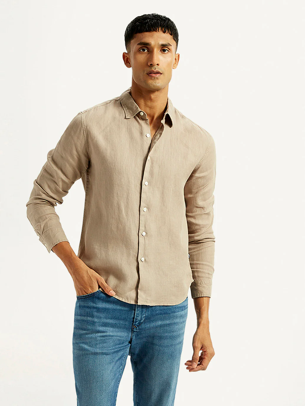 Men's Redloop Solid Beige Slim Fit Linen Shirt - Image 6