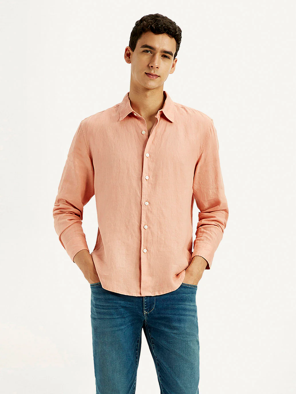 Men's Redloop Solid Peach Slim Fit Linen Shirt - Image 2