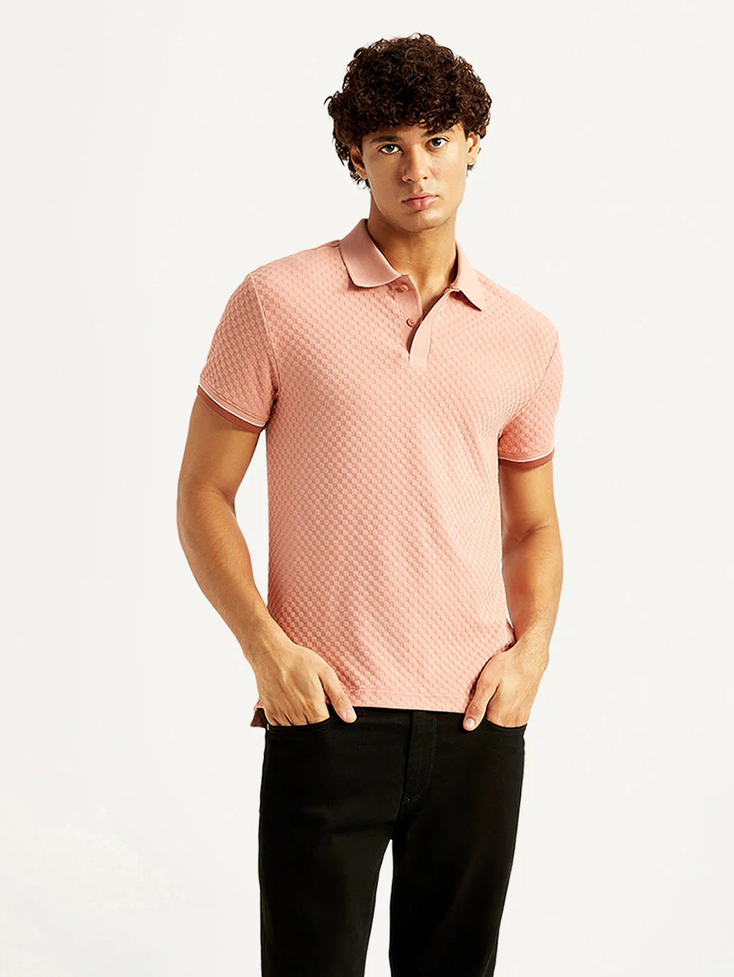 Men's Redloop Textured Pink Slim Fit Polo T-shirt - Image 2