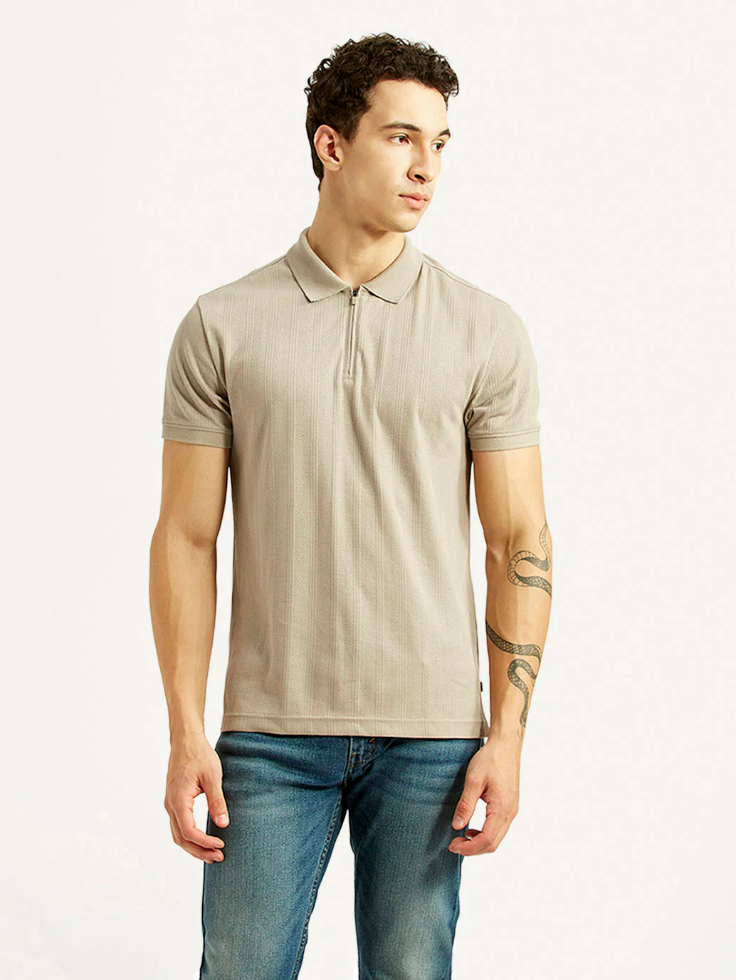 Men's Self Design Beige Slim Fit Polo T-shirt - Image 2