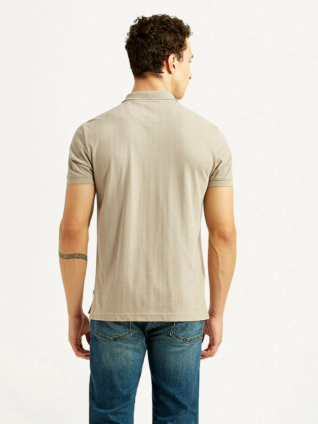 Men's Self Design Beige Slim Fit Polo T-shirt - Image 3