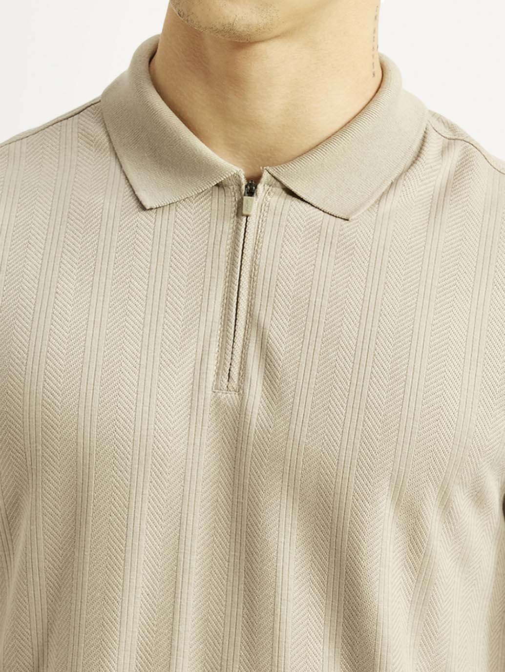 Men's Self Design Beige Slim Fit Polo T-shirt - Image 4