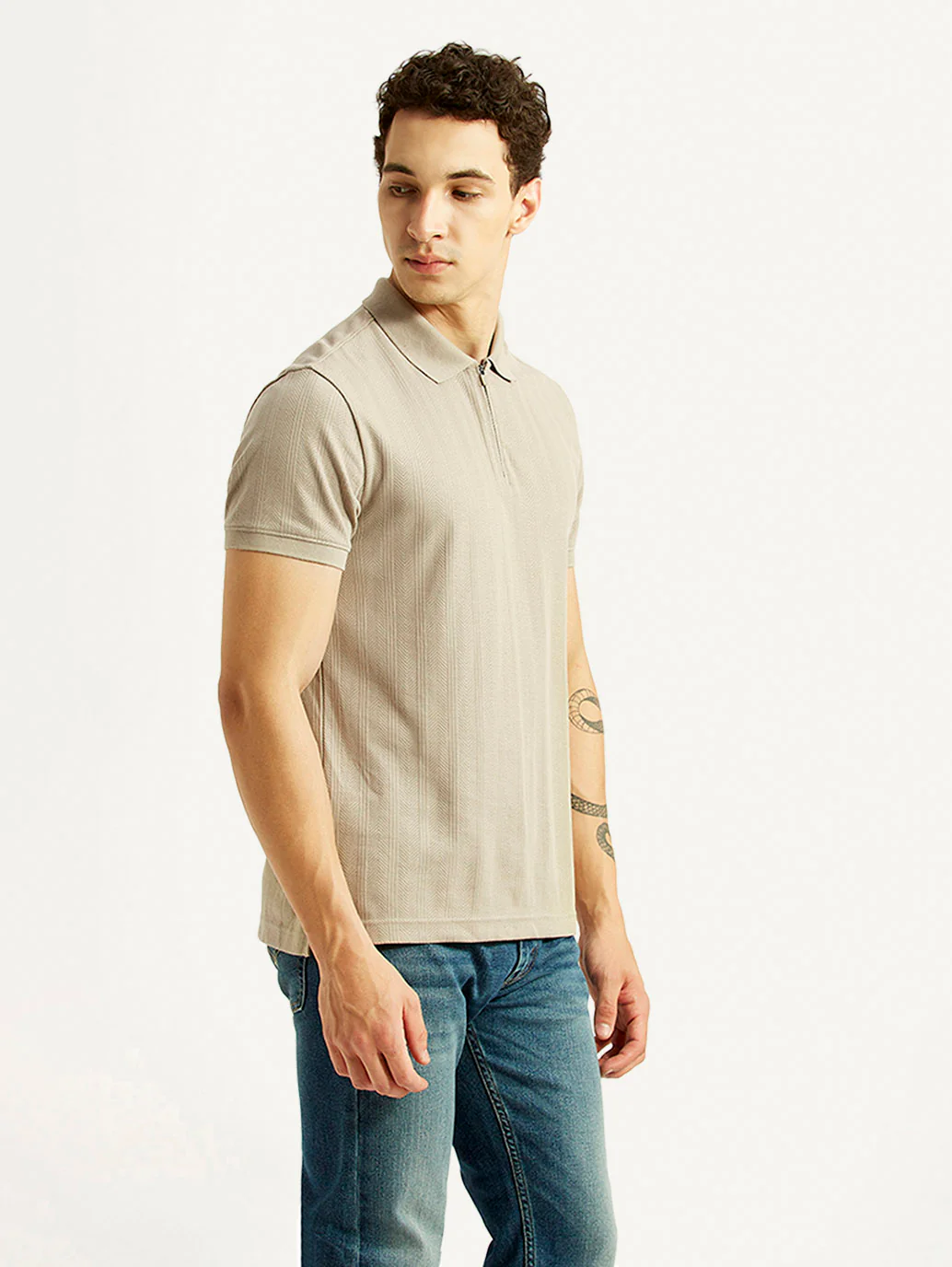 Men's Self Design Beige Slim Fit Polo T-shirt - Image 5