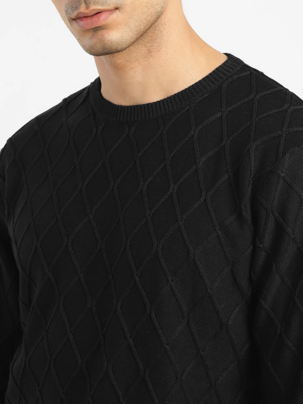 Men's Self Design Black Crew Neck Sweater - Image 5