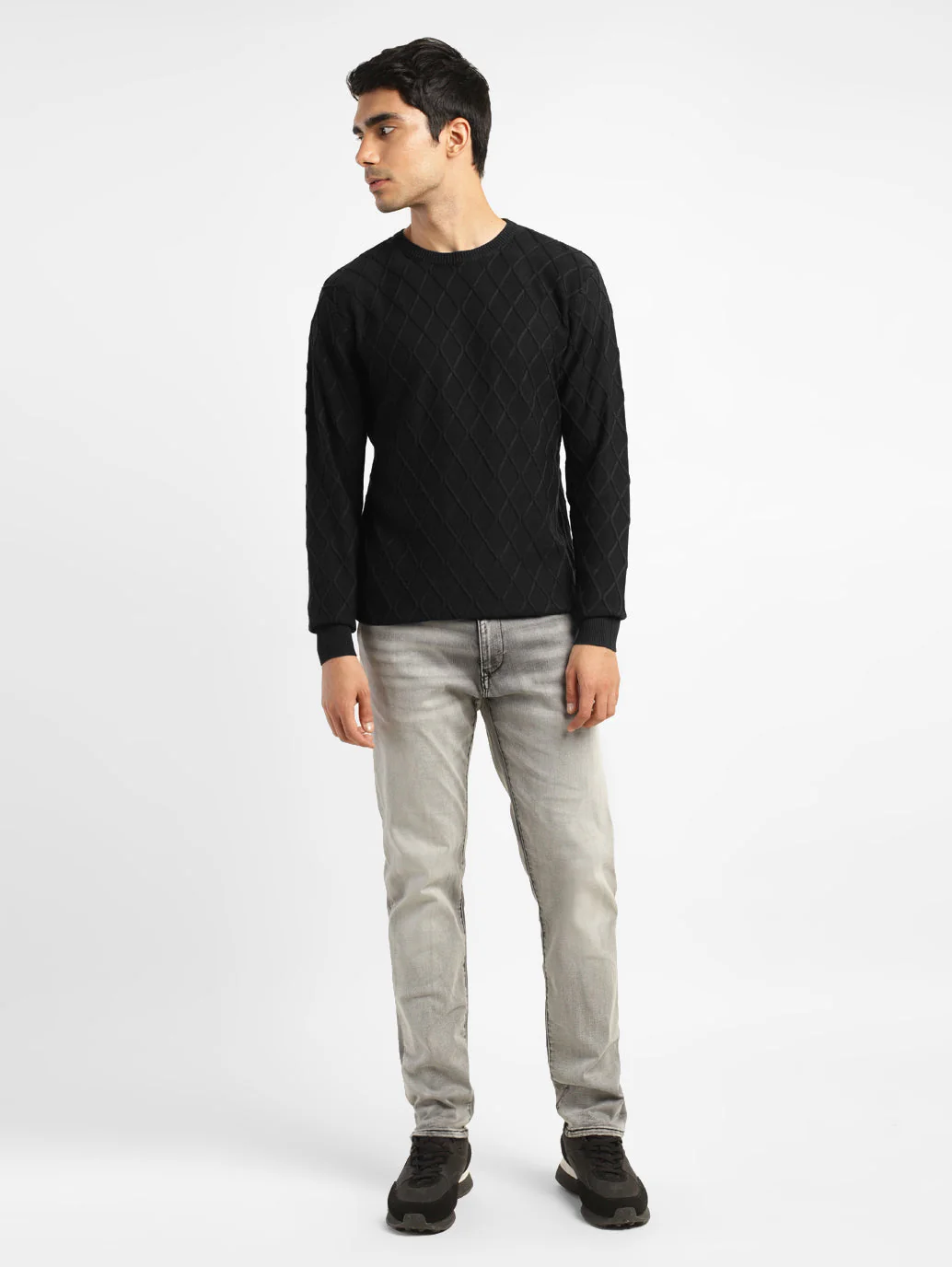 Men's Self Design Black Crew Neck Sweater - Image 6