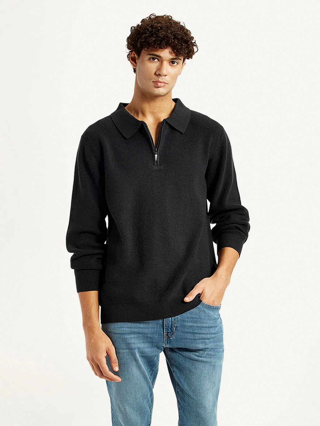 Men's Self Design Black Polo Neck Sweater