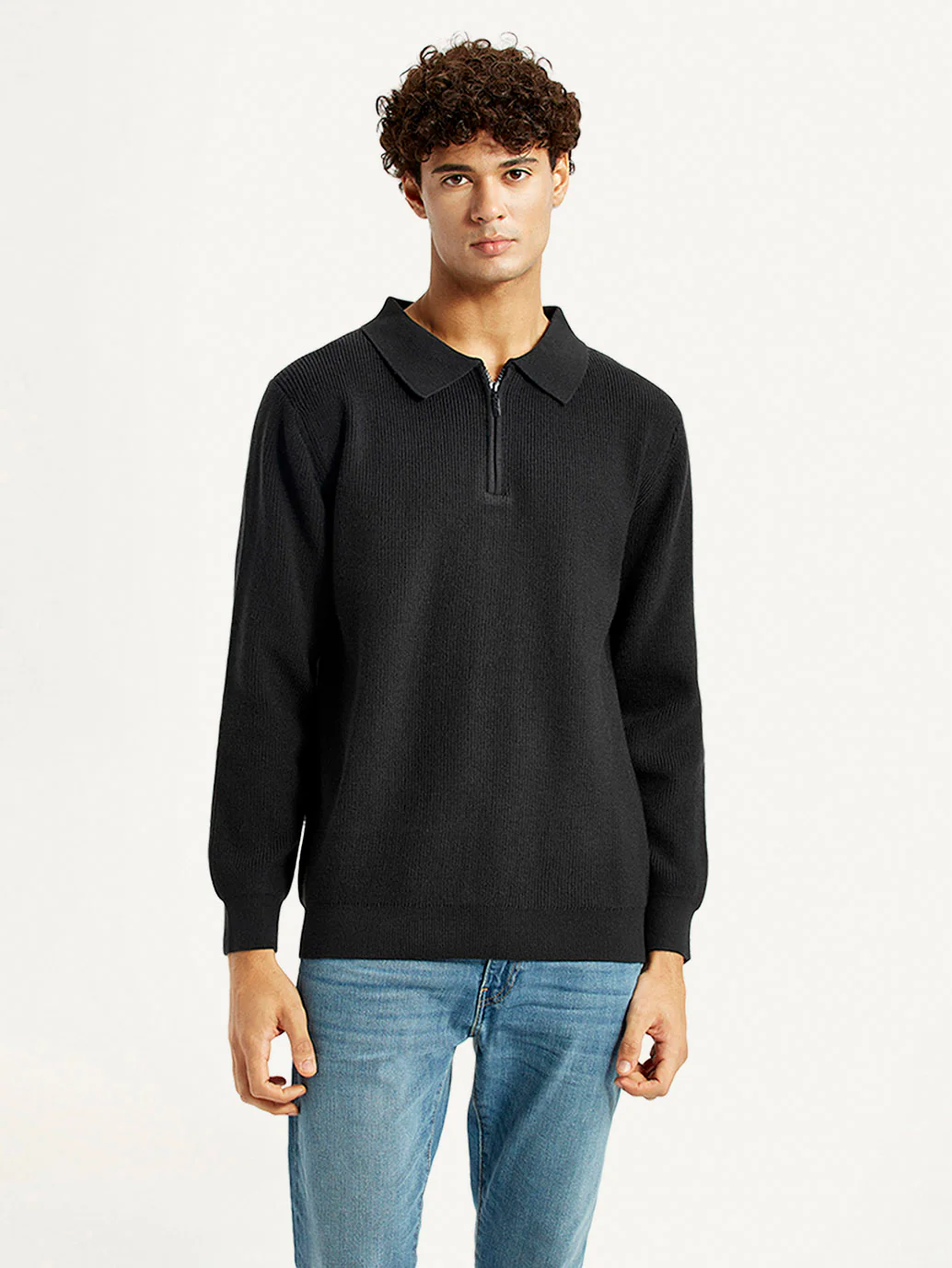Men's Self Design Black Polo Neck Sweater - Image 2
