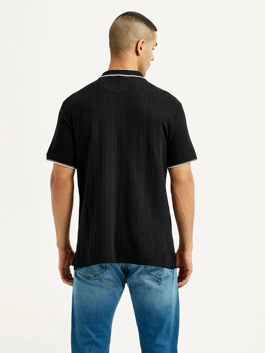 Men's Self Design Black Slim Fit Polo T-Shirt - Image 2