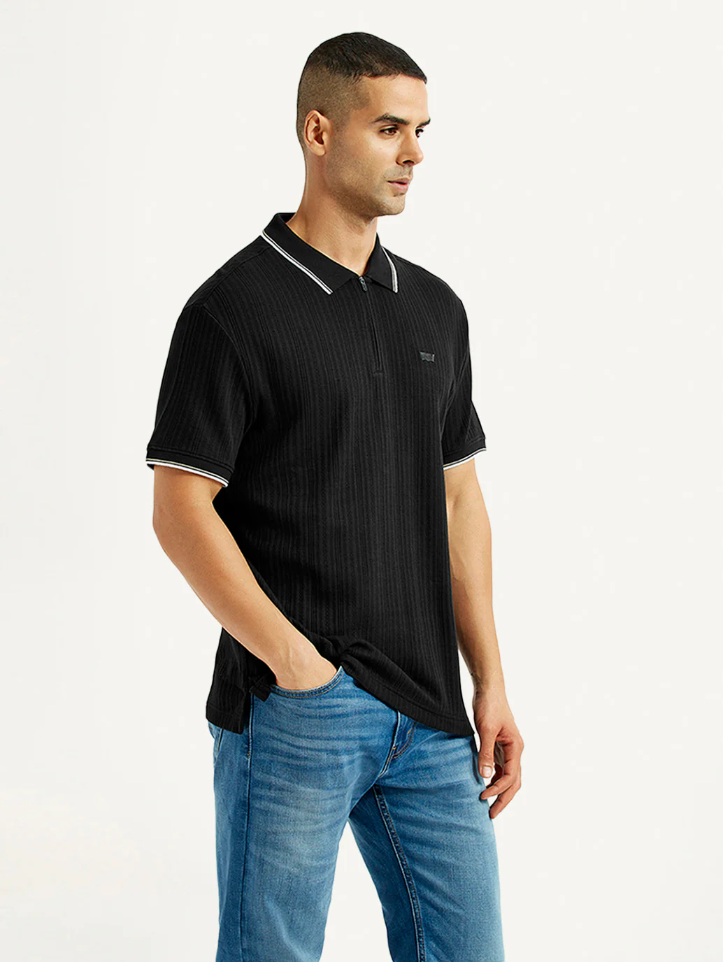 Men's Self Design Black Slim Fit Polo T-Shirt - Image 3