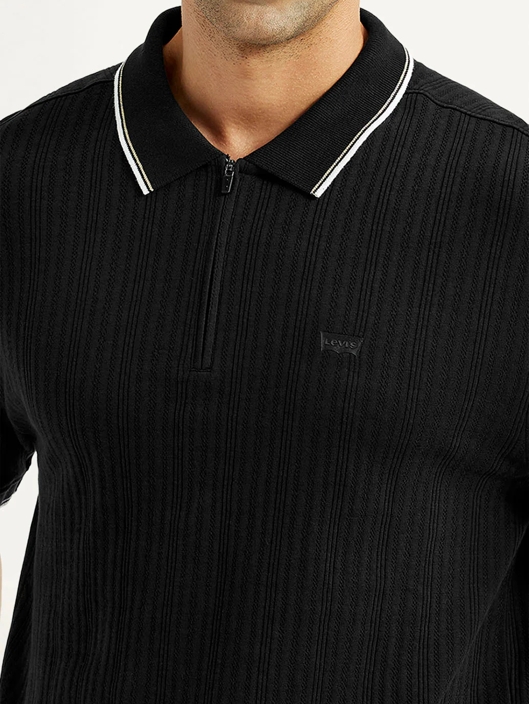 Men's Self Design Black Slim Fit Polo T-Shirt - Image 4