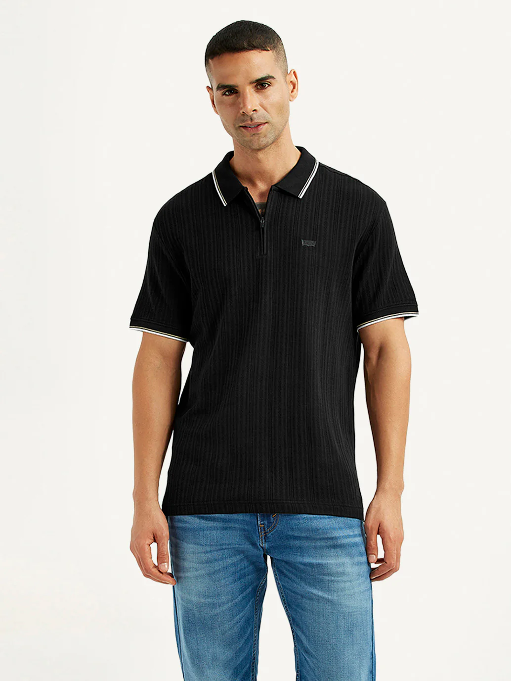 Men's Self Design Black Slim Fit Polo T-Shirt - Image 5