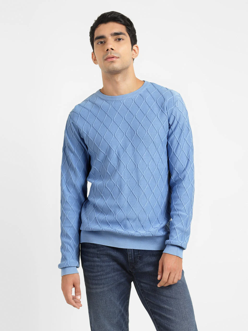 Men's Self Design Blue Crew Neck Sweater - Image 2