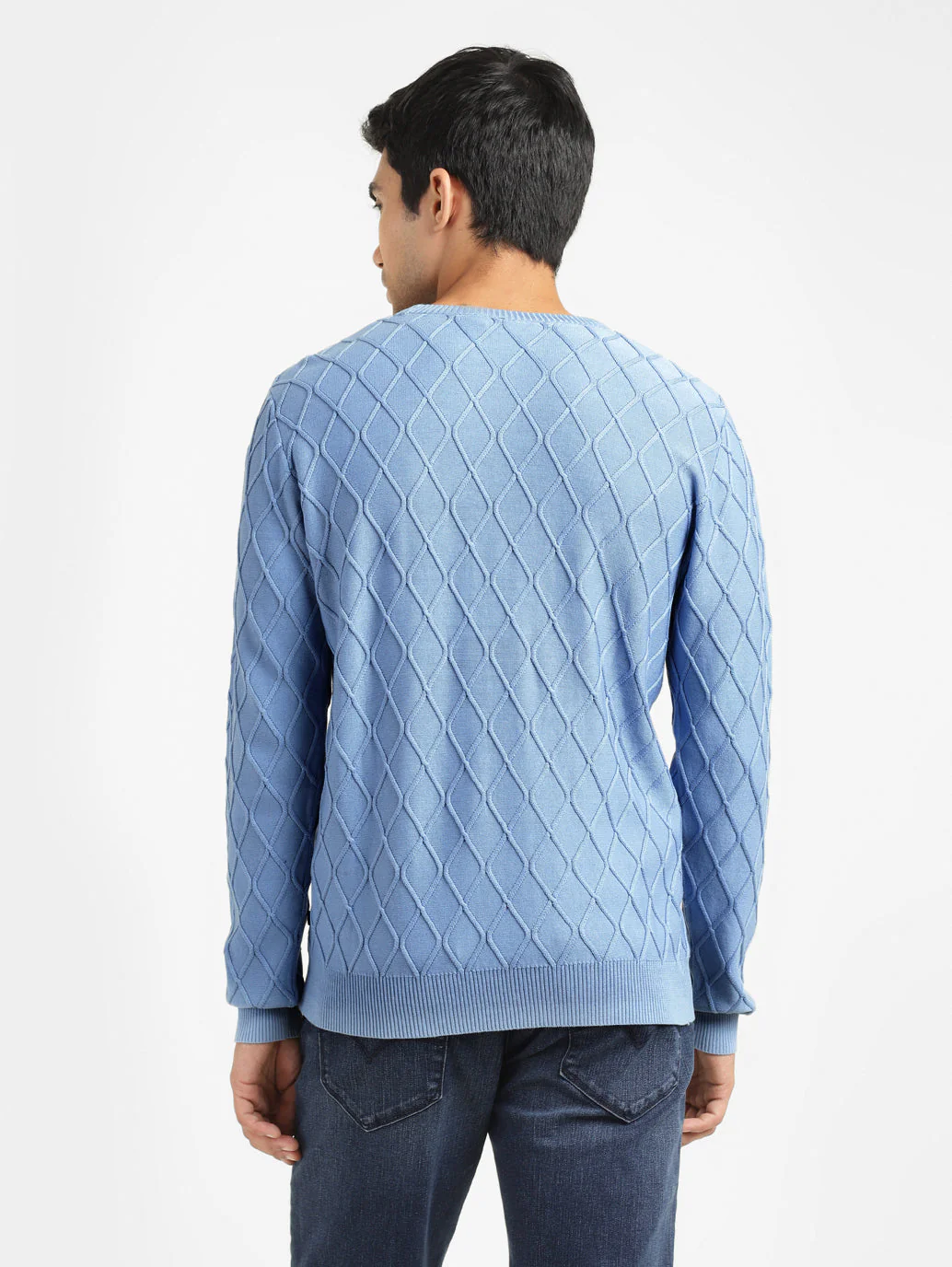 Men's Self Design Blue Crew Neck Sweater - Image 3