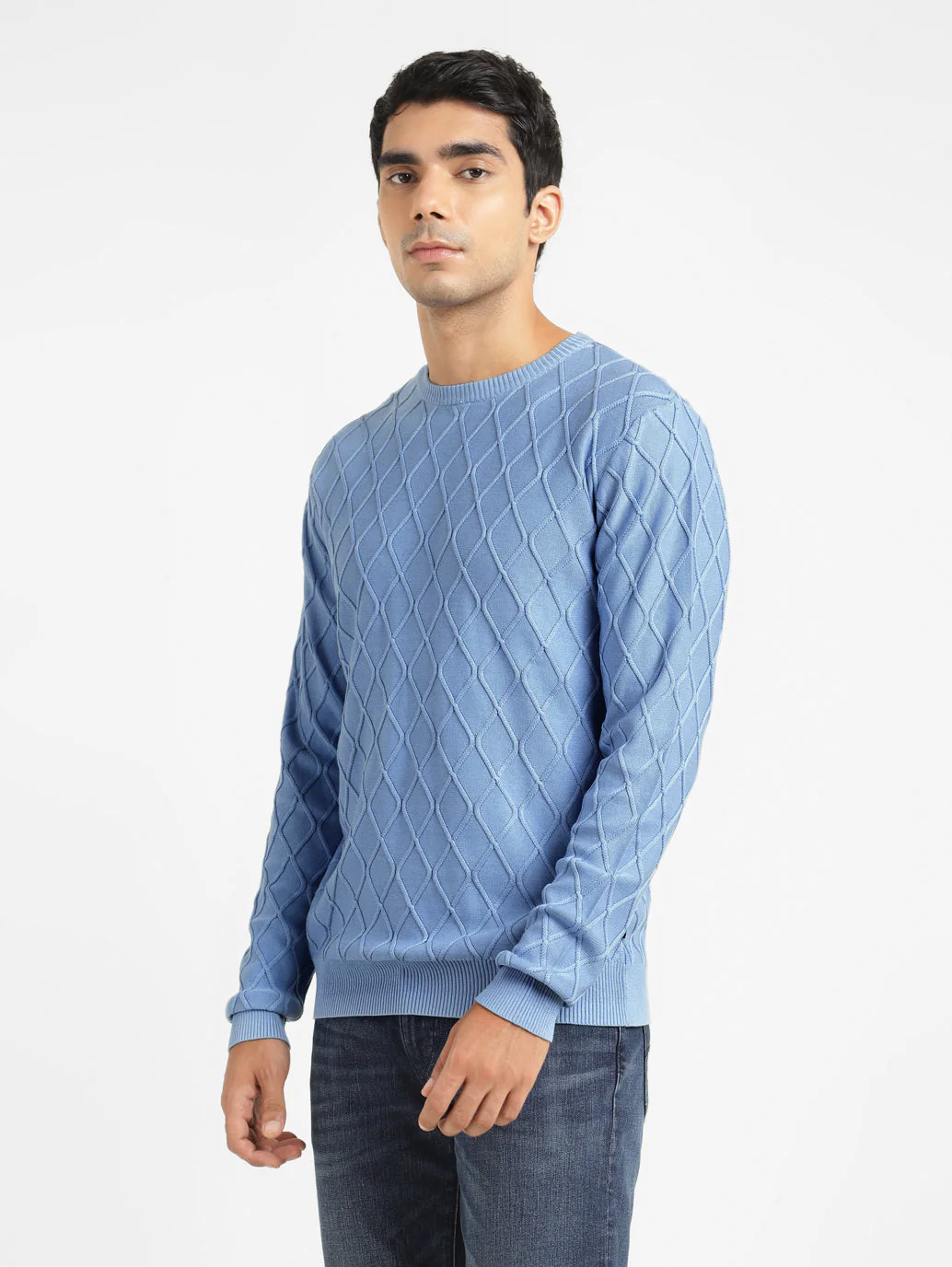 Men's Self Design Blue Crew Neck Sweater - Image 4
