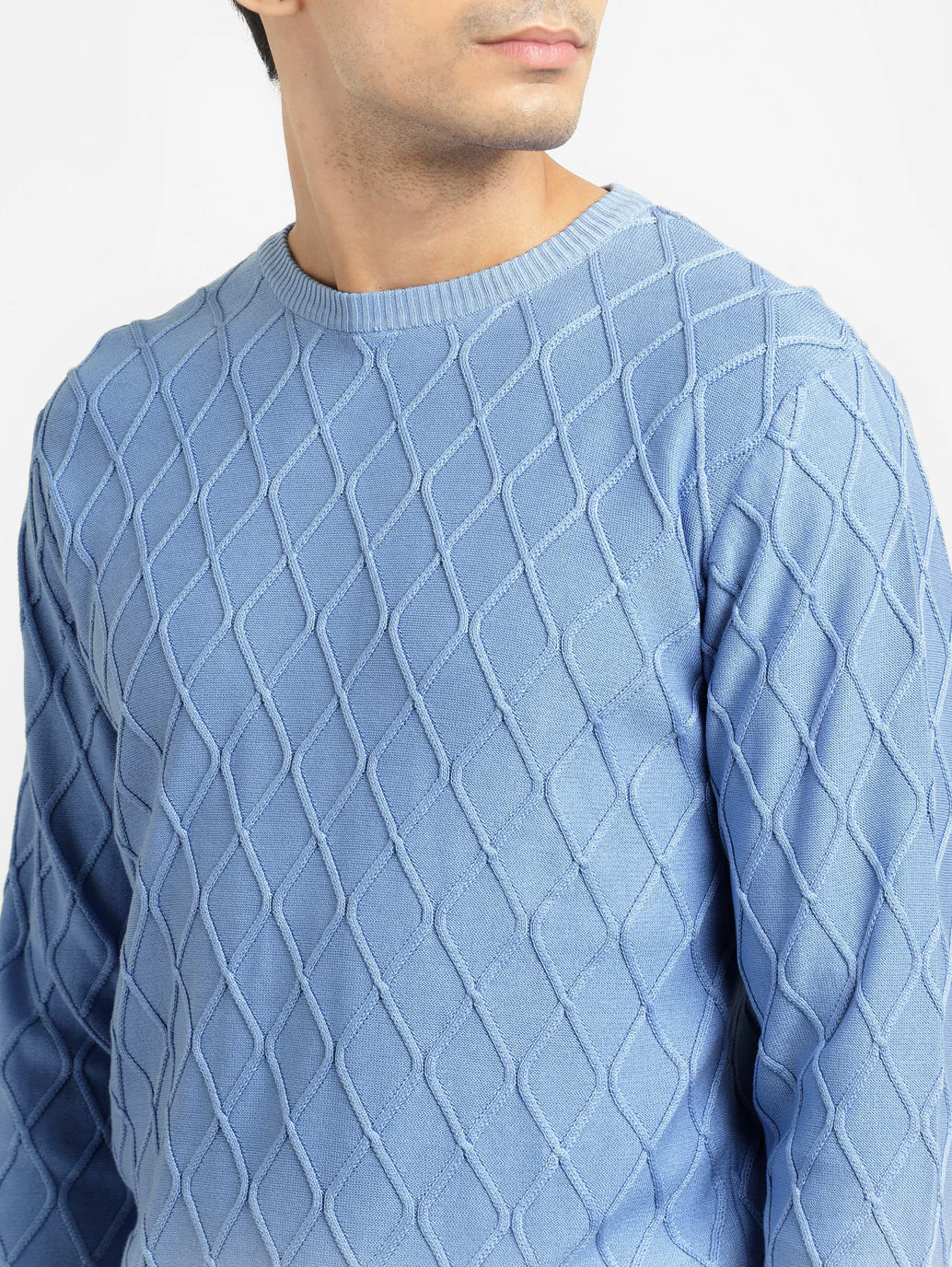 Men's Self Design Blue Crew Neck Sweater - Image 5