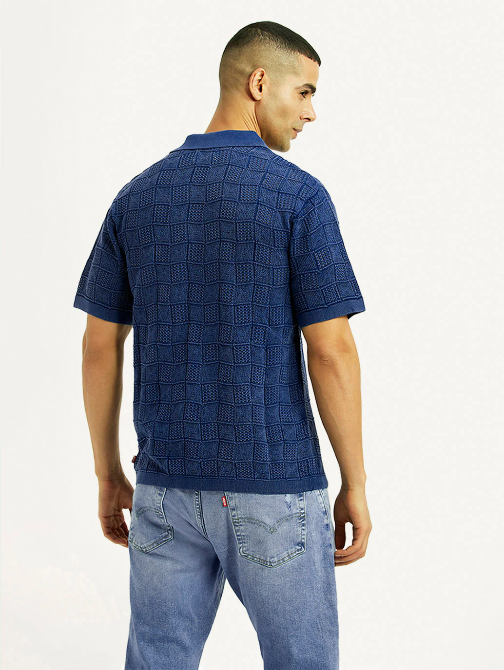Men's Self Design Blue Loose Fit Polo T-Shirt - Image 2