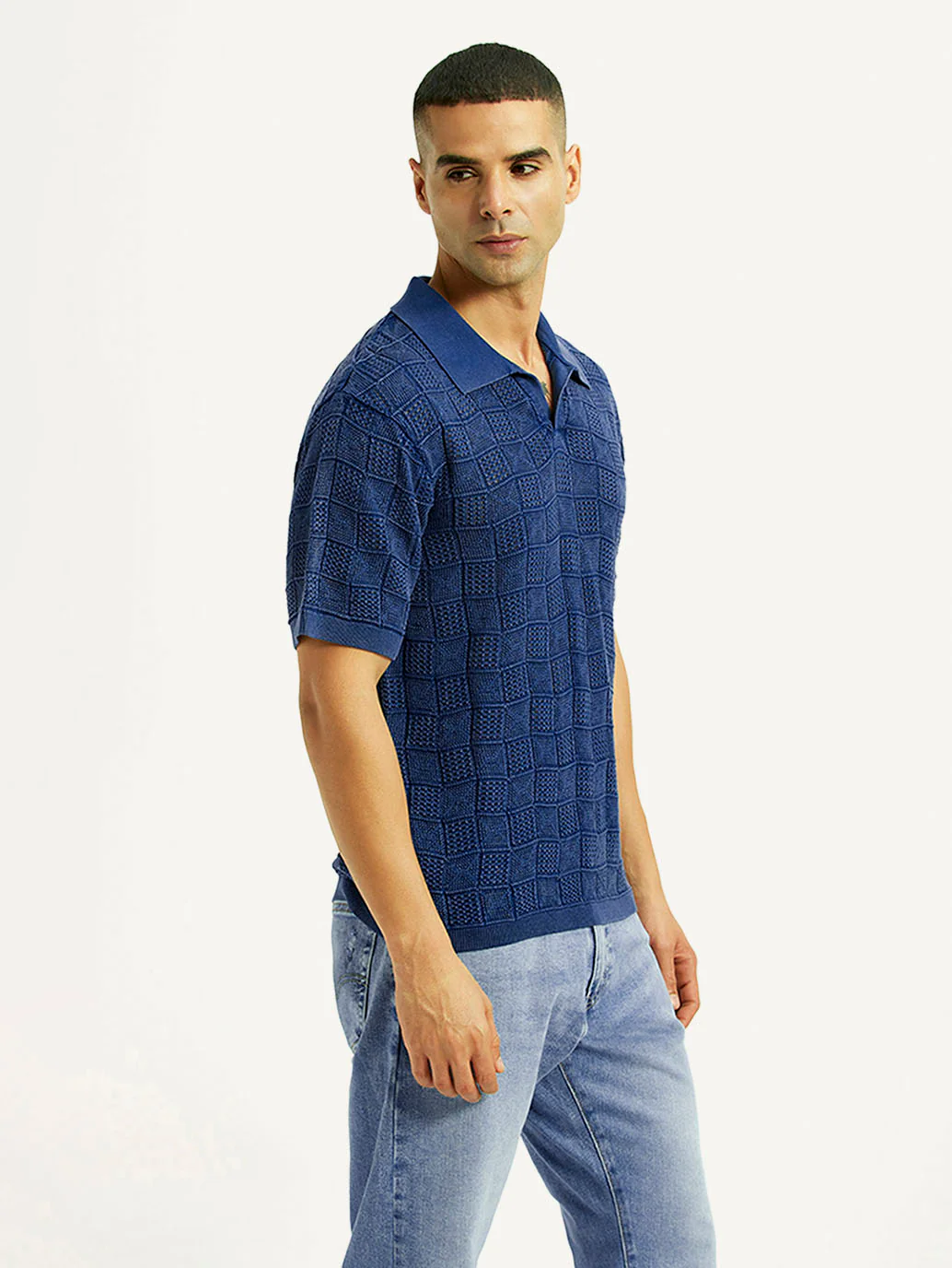 Men's Self Design Blue Loose Fit Polo T-Shirt - Image 3