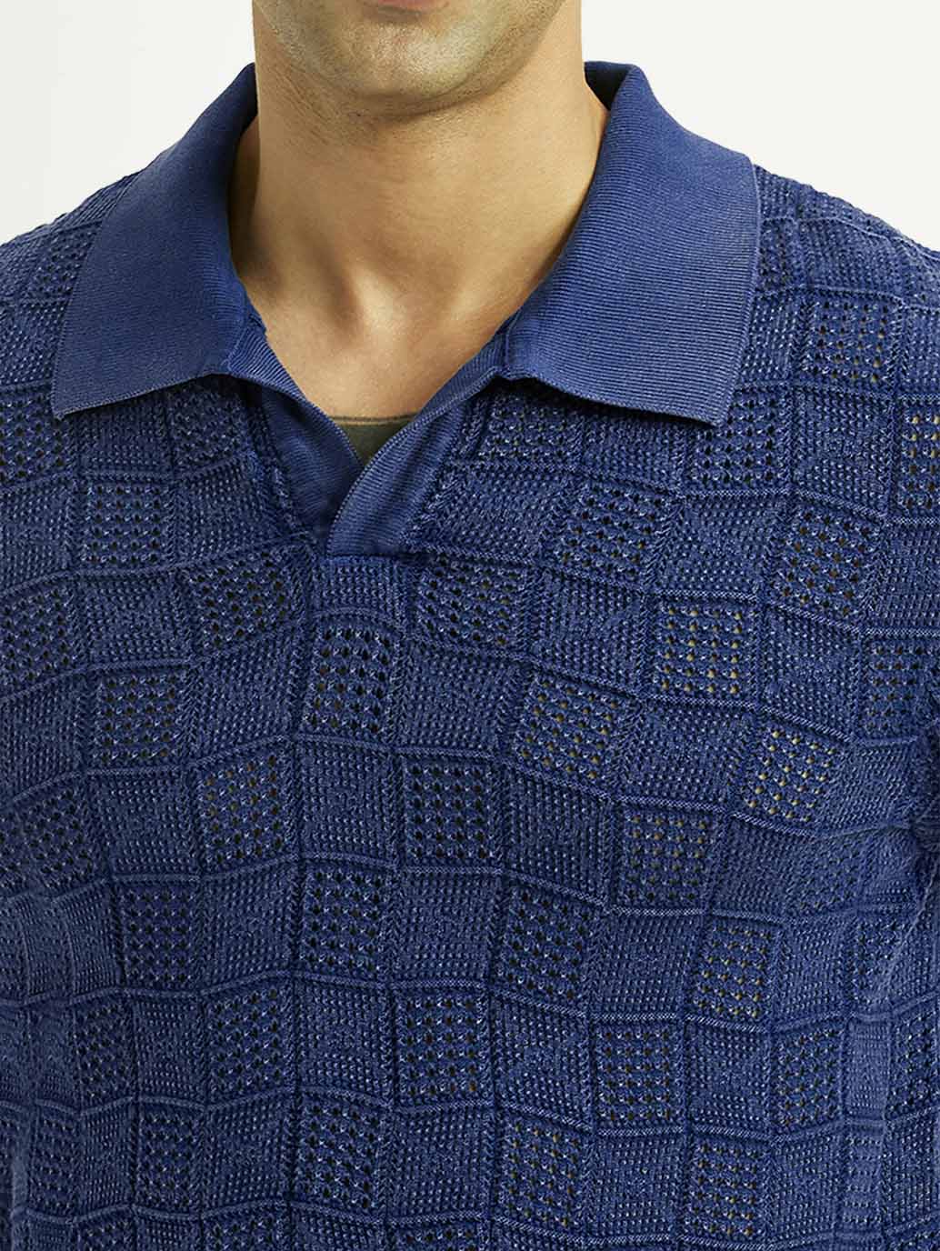 Men's Self Design Blue Loose Fit Polo T-Shirt - Image 4
