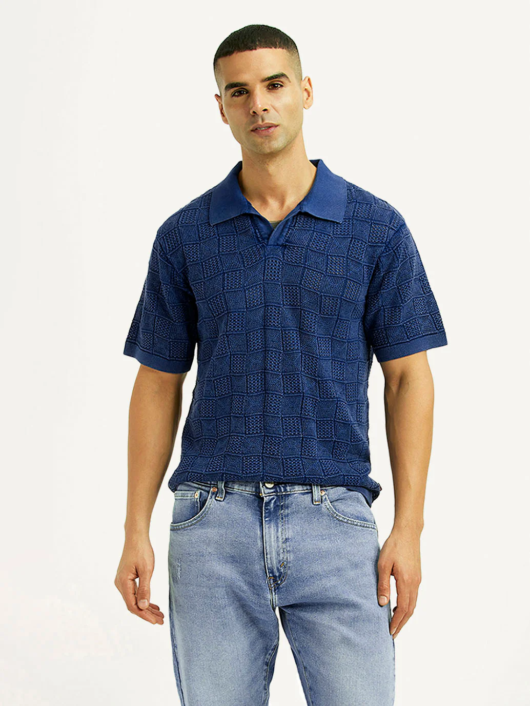 Men's Self Design Blue Loose Fit Polo T-Shirt - Image 5