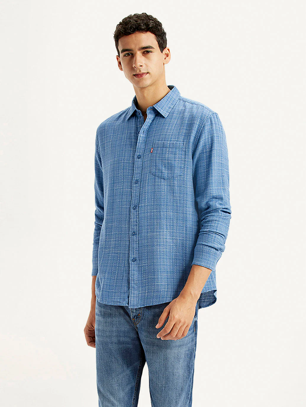 Men's Self Design Blue Slim Fit Shirt - Image 4